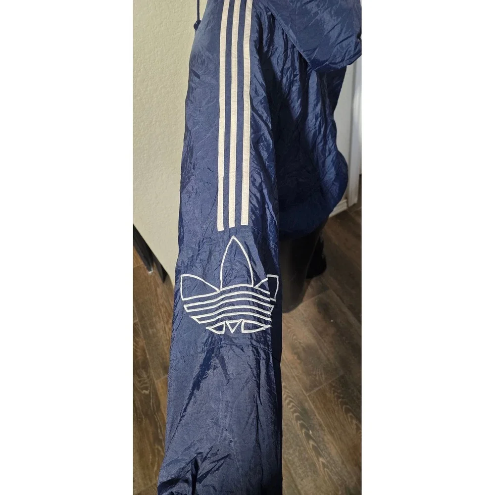 Vintage Adidas Windbreaker Jacket Navy Blue Mens Medium Full Zip Hooded 90s Logo